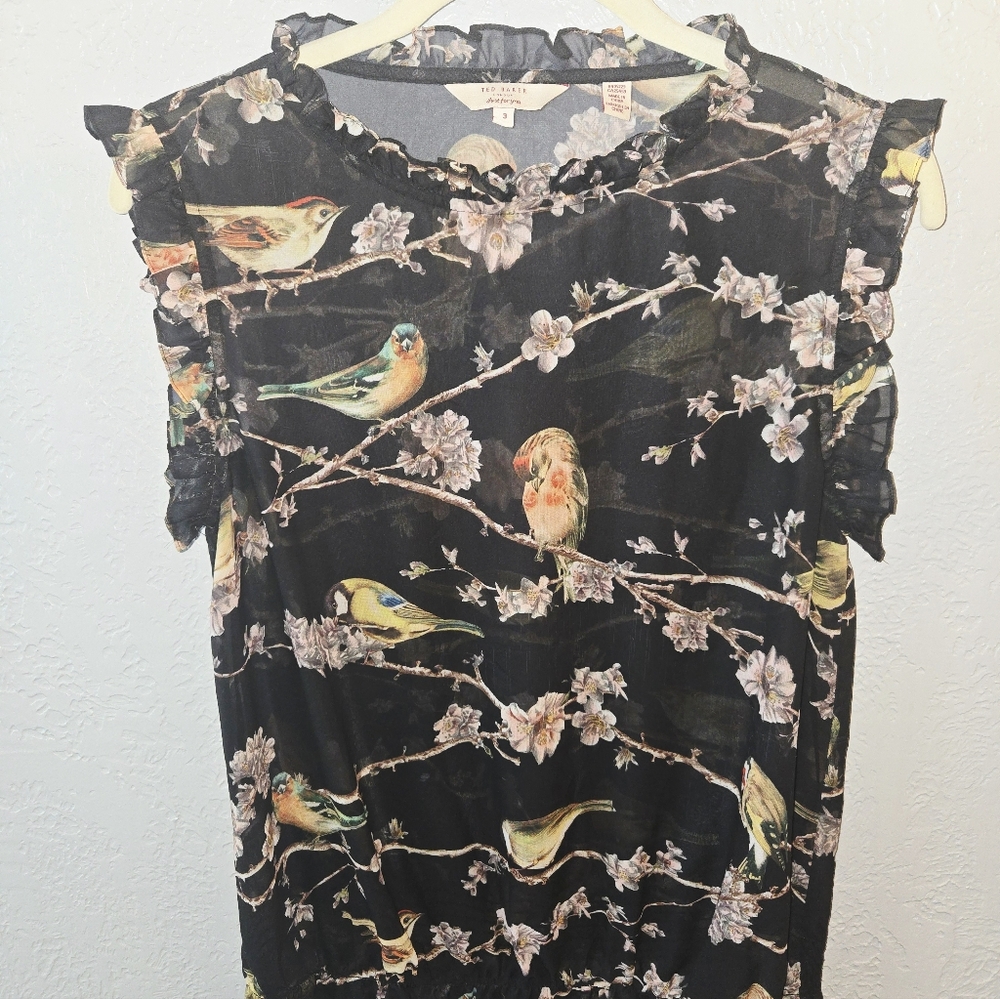 Floral Bird Print Ruffle Sleeve Top